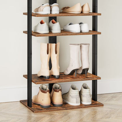 HOOBRO Shoe Rack Wooden, Tall Shoe Rack, Narrow Shoe Storage Organizer for 16 Pairs, Slim Shoe Rack with 2 Hooks, Vertical Shoe Tower for Hallway, Living Room, Industrial