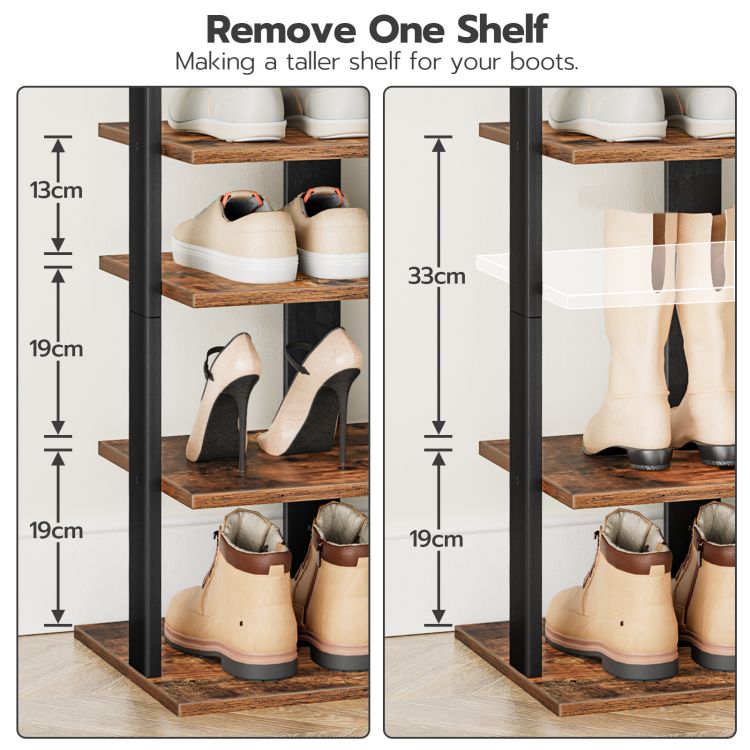 HOOBRO Shoe Rack Wooden, Tall Shoe Rack, Narrow Shoe Storage Organizer for 16 Pairs, Slim Shoe Rack with 2 Hooks, Vertical Shoe Tower for Hallway, Living Room, Industrial