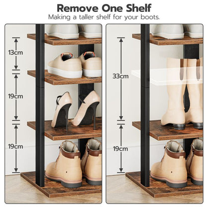HOOBRO Shoe Rack Wooden, Tall Shoe Rack, Narrow Shoe Storage Organizer for 16 Pairs, Slim Shoe Rack with 2 Hooks, Vertical Shoe Tower for Hallway, Living Room, Industrial