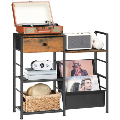 HOOBRO Record Player Stand, 4 Tier Vinyl Record Storage, End Table with Vinyl Storage, Open Shelves, Slings and Drawer, Turntable Stand for Living Room, Media Room