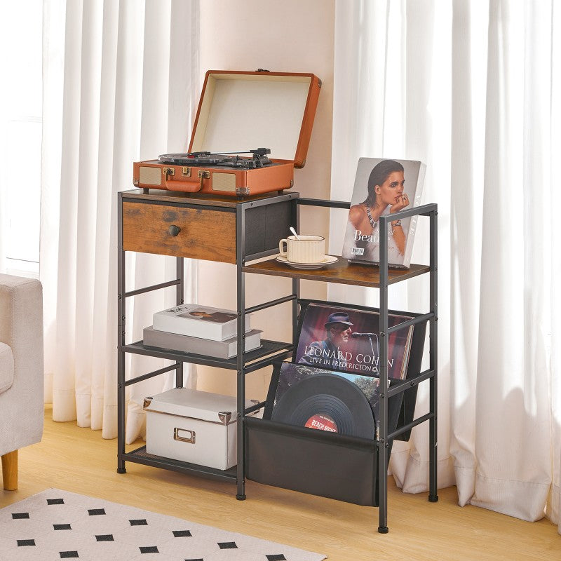 HOOBRO Record Player Stand, 4 Tier Vinyl Record Storage, End Table with Vinyl Storage, Open Shelves, Slings and Drawer, Turntable Stand for Living Room, Media Room