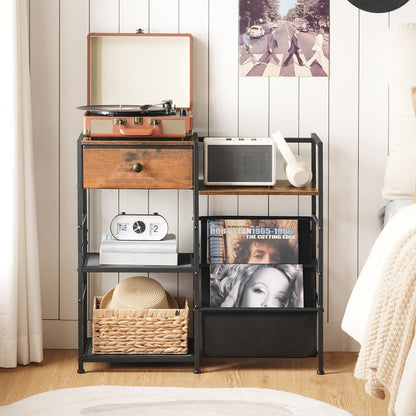 HOOBRO Record Player Stand, 4 Tier Vinyl Record Storage, End Table with Vinyl Storage, Open Shelves, Slings and Drawer, Turntable Stand for Living Room, Media Room