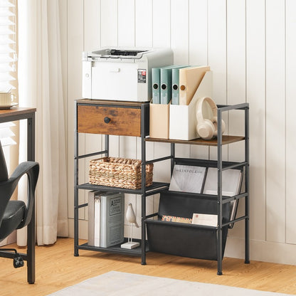 HOOBRO Record Player Stand, 4 Tier Vinyl Record Storage, End Table with Vinyl Storage, Open Shelves, Slings and Drawer, Turntable Stand for Living Room, Media Room