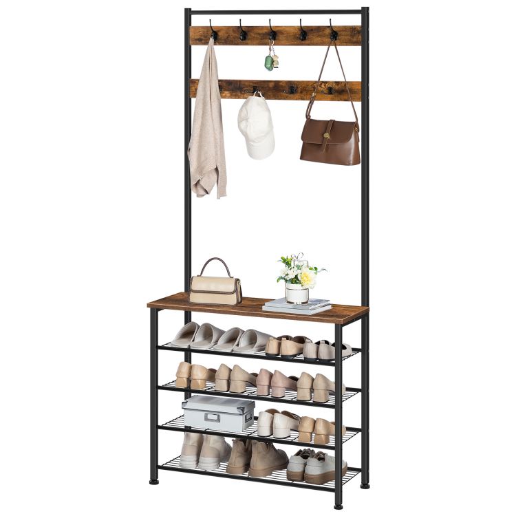 HOOBRO Coat Stand, Coat Rack with Shoe Storage, Free Standing Hall Tree with 9 Hooks, Shoe and Coat Rack for Hallway, Entryway, Metal Frame, Sturdy, Industrial