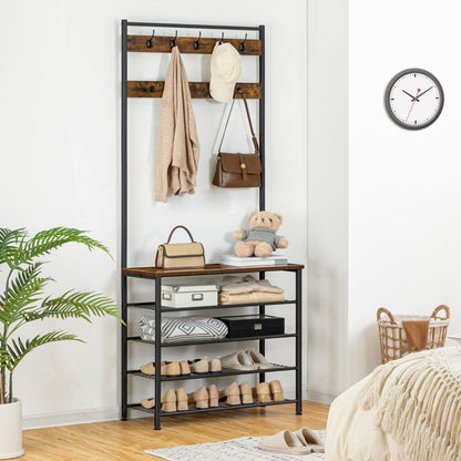 HOOBRO Coat Stand, Coat Rack with Shoe Storage, Free Standing Hall Tree with 9 Hooks, Shoe and Coat Rack for Hallway, Entryway, Metal Frame, Sturdy, Industrial