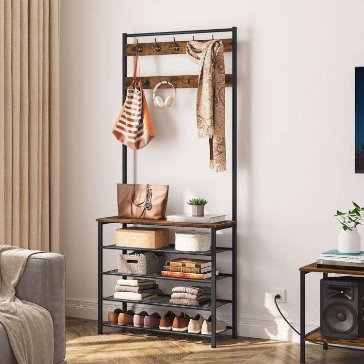 HOOBRO Coat Stand, Coat Rack with Shoe Storage, Free Standing Hall Tree with 9 Hooks, Shoe and Coat Rack for Hallway, Entryway, Metal Frame, Sturdy, Industrial