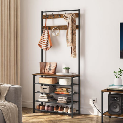 HOOBRO Coat Stand, Coat Rack with Shoe Storage, Free Standing Hall Tree with 9 Hooks, Shoe and Coat Rack for Hallway, Entryway, Metal Frame, Sturdy, Industrial