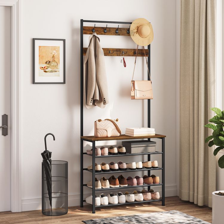 HOOBRO Coat Stand, Coat Rack with Shoe Storage, Free Standing Hall Tree with 9 Hooks, Shoe and Coat Rack for Hallway, Entryway, Metal Frame, Sturdy, Industrial