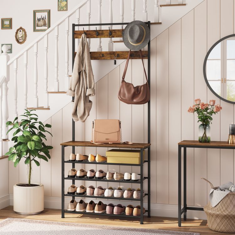 HOOBRO Coat Stand, Coat Rack with Shoe Storage, Free Standing Hall Tree with 9 Hooks, Shoe and Coat Rack for Hallway, Entryway, Metal Frame, Sturdy, Industrial