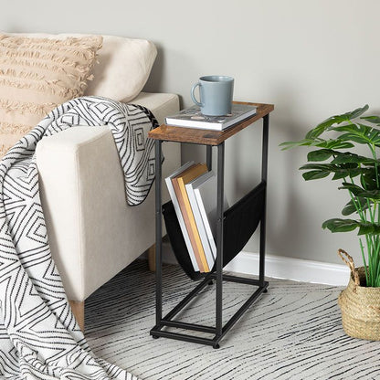 HOOBRO Side Table with Magazine Holder Sling, Narrow End Table, Slim Nightstand for Small Spaces, Wood Look Accent Table with Metal Frame, Industrial, Easy Assembly