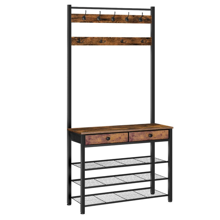 HOOBRO Coat Stand, Coat Rack with Shoe Storage, Hall Tree with 2 Non-Woven Drawers, Shoe and Coat Rack, All-in-One Storage Shelf, for Hallway, Bedroom, Cloakroom