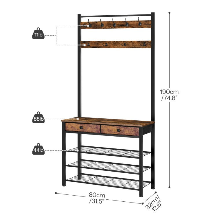HOOBRO Coat Stand, Coat Rack with Shoe Storage, Hall Tree with 2 Non-Woven Drawers, Shoe and Coat Rack, All-in-One Storage Shelf, for Hallway, Bedroom, Cloakroom