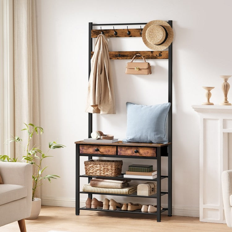 HOOBRO Coat Stand, Coat Rack with Shoe Storage, Hall Tree with 2 Non-Woven Drawers, Shoe and Coat Rack, All-in-One Storage Shelf, for Hallway, Bedroom, Cloakroom