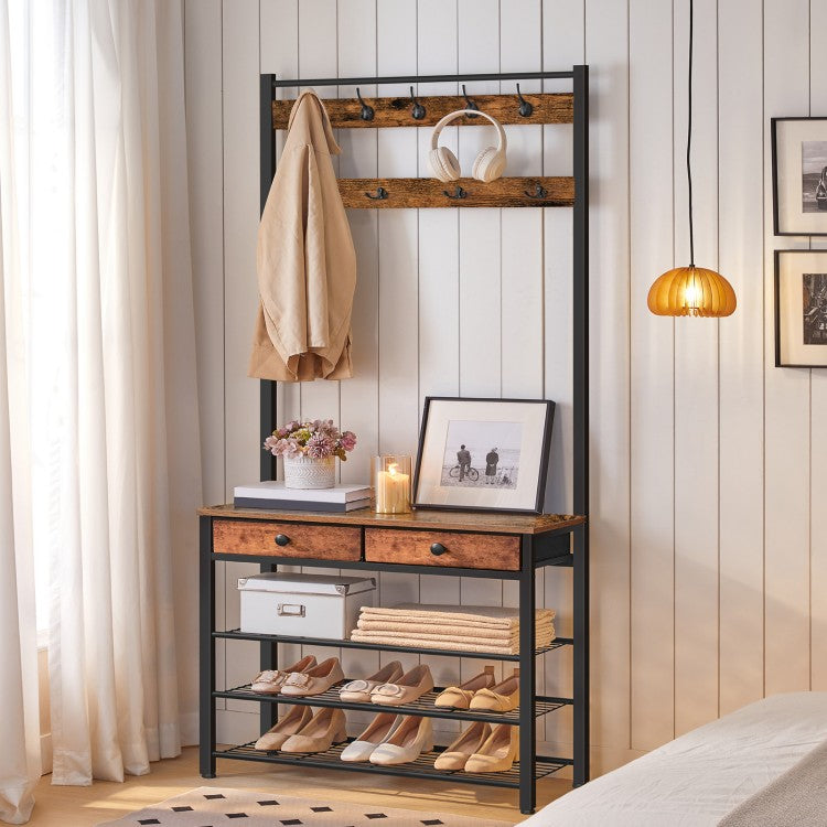 HOOBRO Coat Stand, Coat Rack with Shoe Storage, Hall Tree with 2 Non-Woven Drawers, Shoe and Coat Rack, All-in-One Storage Shelf, for Hallway, Bedroom, Cloakroom