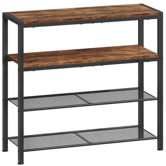 HOOBRO Shoe Rack, 4-Tier Shoe Rack, Shoe Storage Organiser with 2 Wooden Shelves & 2 Mesh Layers, Holds 15-20 Pairs, Industrial for Entryway Porch Wardrobe