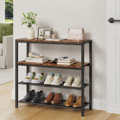 HOOBRO Shoe Rack, 4-Tier Shoe Rack, Shoe Storage Organiser with 2 Wooden Shelves & 2 Mesh Layers, Holds 15-20 Pairs, Industrial for Entryway Porch Wardrobe