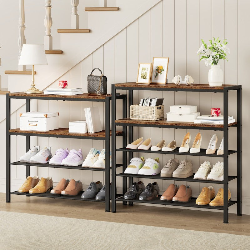 HOOBRO Shoe Rack, 4-Tier Shoe Rack, Shoe Storage Organiser with 2 Wooden Shelves & 2 Mesh Layers, Holds 15-20 Pairs, Industrial for Entryway Porch Wardrobe