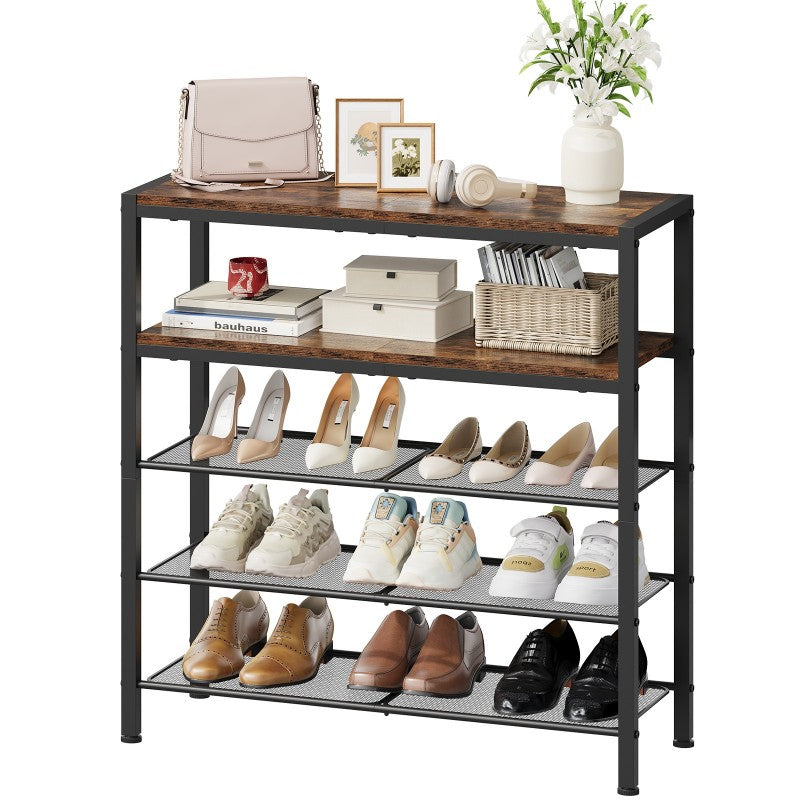 HOOBRO Shoe Rack, 5-Tier Shoe Rack, Shoe Storage Organiser with 2 Wooden Shelves & 2 Mesh Layers, Holds 15-20 Pairs, Industrial for Entryway Porch Wardrobe