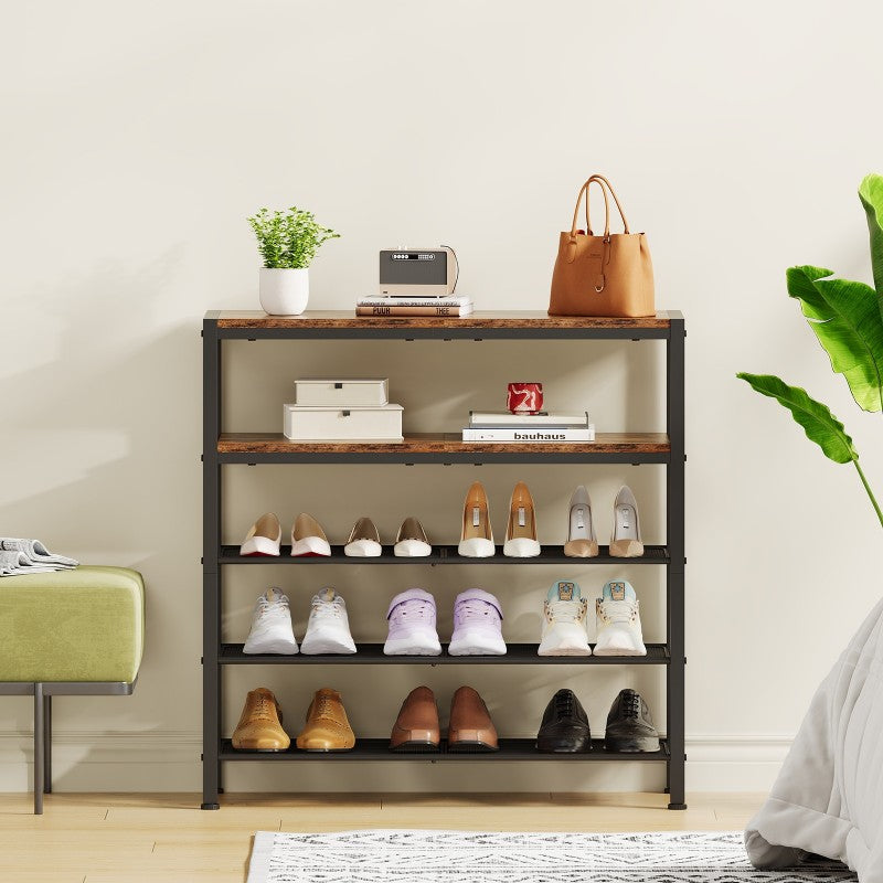 HOOBRO Shoe Rack, 5-Tier Shoe Rack, Shoe Storage Organiser with 2 Wooden Shelves & 2 Mesh Layers, Holds 15-20 Pairs, Industrial for Entryway Porch Wardrobe