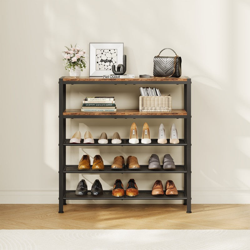 HOOBRO Shoe Rack, 5-Tier Shoe Rack, Shoe Storage Organiser with 2 Wooden Shelves & 2 Mesh Layers, Holds 15-20 Pairs, Industrial for Entryway Porch Wardrobe