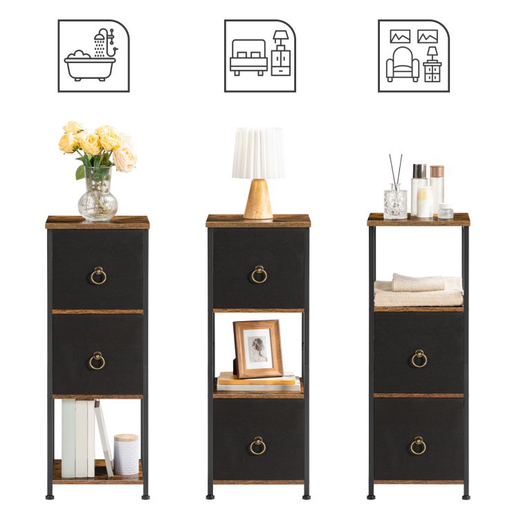 HOOBRO Slim Bathroom Storage Cabinet, Narrow Corner Storage Cabinet Unit for Small Spaces, Small Corner Shelf Unit with 2 Fabric Drawers, Black Bathroom Cabinet