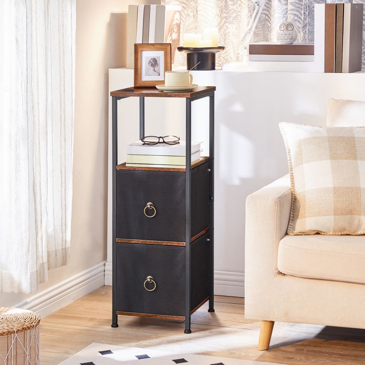 HOOBRO Slim Bathroom Storage Cabinet, Narrow Corner Storage Cabinet Unit for Small Spaces, Small Corner Shelf Unit with 2 Fabric Drawers, Black Bathroom Cabinet