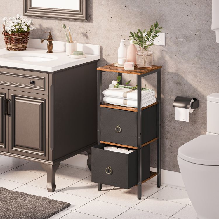 HOOBRO Slim Bathroom Storage Cabinet, Narrow Corner Storage Cabinet Unit for Small Spaces, Small Corner Shelf Unit with 2 Fabric Drawers, Black Bathroom Cabinet