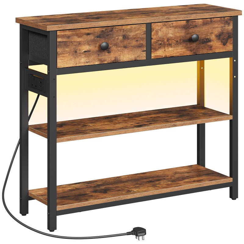 HOOBRO Console Table with Charging Station, 2 Drawers and LED Light, Narrow Hallway Table, Sofa Side Table, Display Stand, Slim Console Table for Hallway, Living Room