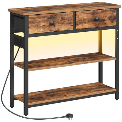 HOOBRO Console Table with Charging Station, 2 Drawers and LED Light, Narrow Hallway Table, Sofa Side Table, Display Stand, Slim Console Table for Hallway, Living Room