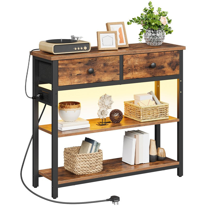 HOOBRO Console Table with Charging Station, 2 Drawers and LED Light, Narrow Hallway Table, Sofa Side Table, Display Stand, Slim Console Table for Hallway, Living Room