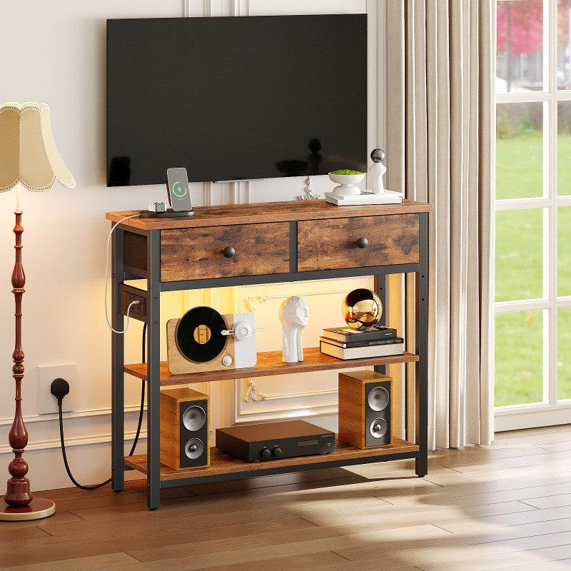 HOOBRO Console Table with Charging Station, 2 Drawers and LED Light, Narrow Hallway Table, Sofa Side Table, Display Stand, Slim Console Table for Hallway, Living Room