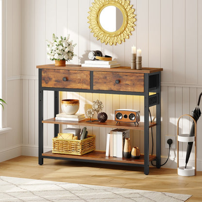 HOOBRO Console Table with Charging Station, 2 Drawers and LED Light, Narrow Hallway Table, Sofa Side Table, Display Stand, Slim Console Table for Hallway, Living Room