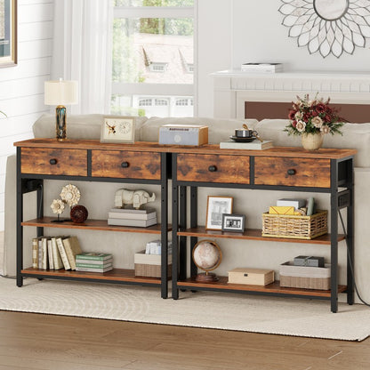 HOOBRO Console Table with Charging Station, 2 Drawers and LED Light, Narrow Hallway Table, Sofa Side Table, Display Stand, Slim Console Table for Hallway, Living Room