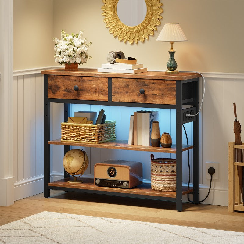 HOOBRO Console Table with Charging Station, 2 Drawers and LED Light, Narrow Hallway Table, Sofa Side Table, Display Stand, Slim Console Table for Hallway, Living Room
