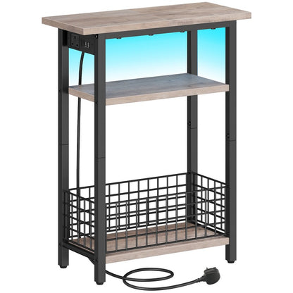 HOOBRO Slim Side Table with Charging Station and LED Light, Small Side Table with Storage, Nightstand with USB Port, Narrow Bedside Table for Small Spaces, Living Room