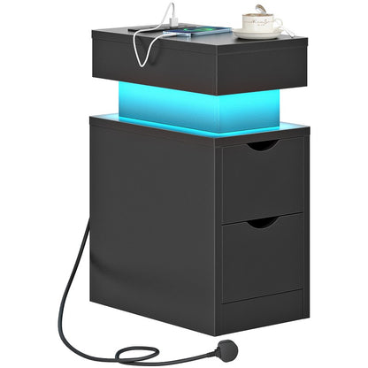 HOOBRO Bedside Table with Charging Station, Slim LED Nightstand with 2 Drawers, Narrow Side Table with Power, for Small Spaces, Bedroom, Living Room
