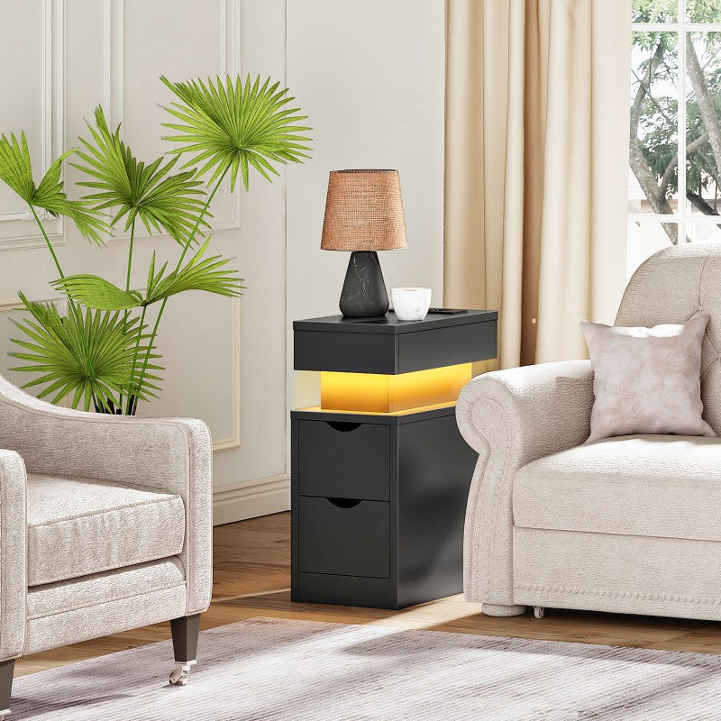 HOOBRO Bedside Table with Charging Station, Slim LED Nightstand with 2 Drawers, Narrow Side Table with Power, for Small Spaces, Bedroom, Living Room