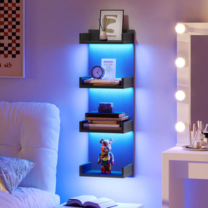HOOBRO 4 Tier LED Lighted Display Floating Wall Shelves for Bedroom & Gaming Room