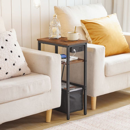HOOBRO Narrow Side Table, Slim Side Table with Charging Station, USB Ports and Power Outlet, Bedside Table for Small Space, 40 x 20 x 60 cm, for Living Room