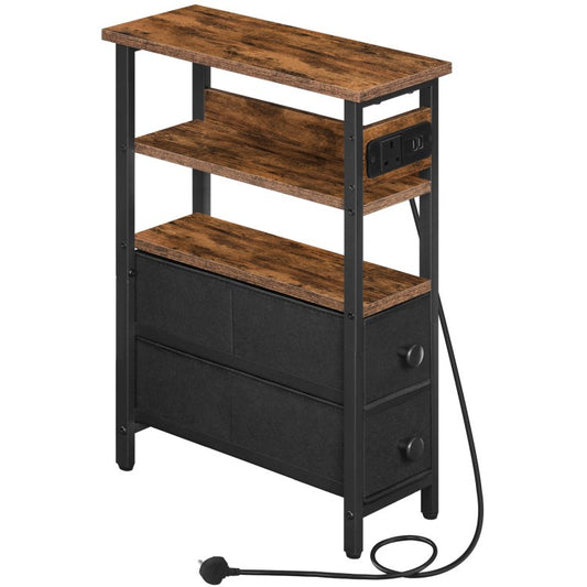 HOOBRO Side Table with Charging Station, Narrow Side Table with 2 Non-Woven Drawers, USB Ports and Power Outlet, 40 x 18 x 60 cm Slim Bedside Table for Small Space