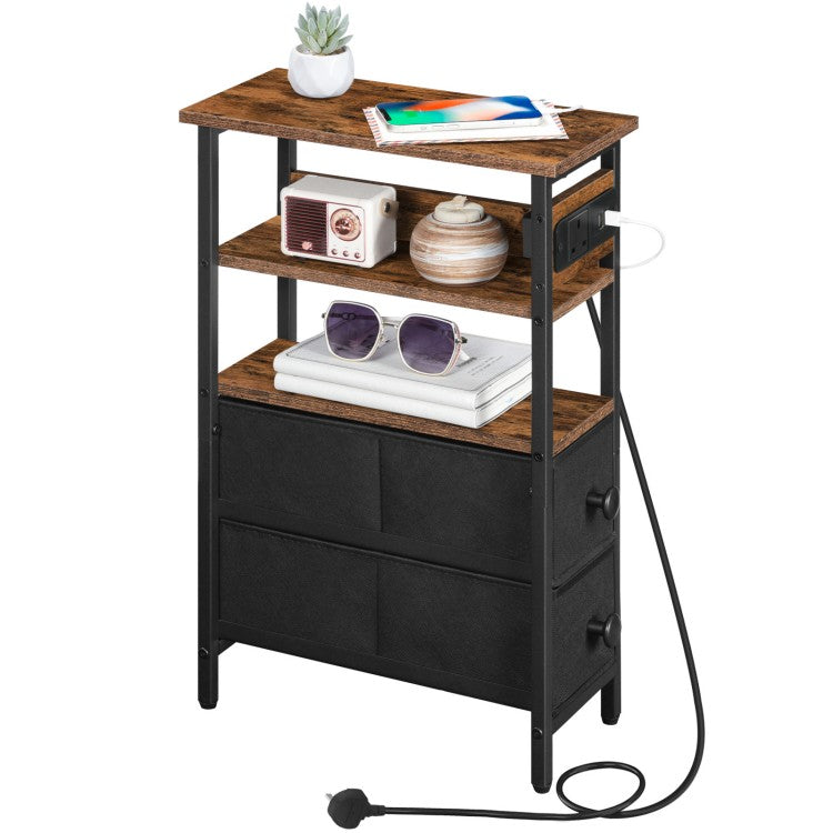 HOOBRO Side Table with Charging Station, Narrow Side Table with 2 Non-Woven Drawers, USB Ports and Power Outlet, 40 x 18 x 60 cm Slim Bedside Table for Small Space