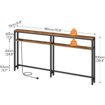 HOOBRO Slim Console Table with Charging Station, 180 cm Long Slim Hallway Table with Adjustable Shelf, 2 Outlets and 2 USB Ports, for Hallway, Entryway, Living Room