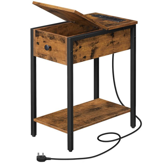 HOOBRO Narrow Side Table, Slim Bedside Table with Charging Station, USB Ports & Power Outlets, Nightstand for Living Room, Bedroom, Flip Top