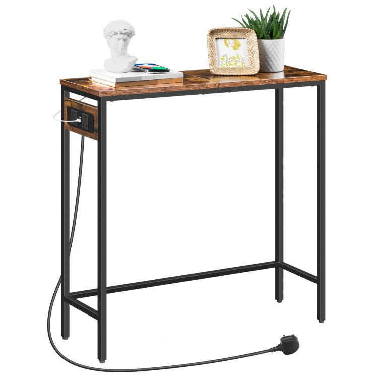 HOOBRO Console Table with Power Outlets, Slim Console Table with Charging Station, Hallway Table, Narrow Sofa Table for Small Spaces, Hallway, Entryway, Living Room, Rustic Brown and Black
