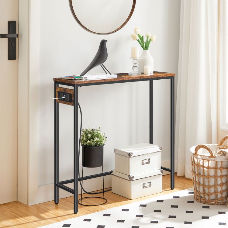HOOBRO Console Table with Power Outlets, Slim Console Table with Charging Station, Hallway Table, Narrow Sofa Table for Small Spaces, Hallway, Entryway, Living Room, Rustic Brown and Black