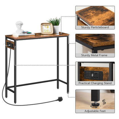 HOOBRO Console Table with Power Outlets, Slim Console Table with Charging Station, Hallway Table, Narrow Sofa Table for Small Spaces, Hallway, Entryway, Living Room, Rustic Brown and Black