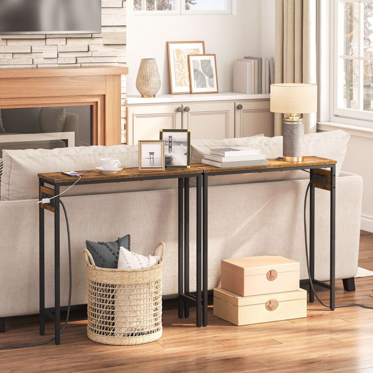 HOOBRO Console Table with Power Outlets, Slim Console Table with Charging Station, Hallway Table, Narrow Sofa Table for Small Spaces, Hallway, Entryway, Living Room, Rustic Brown and Black