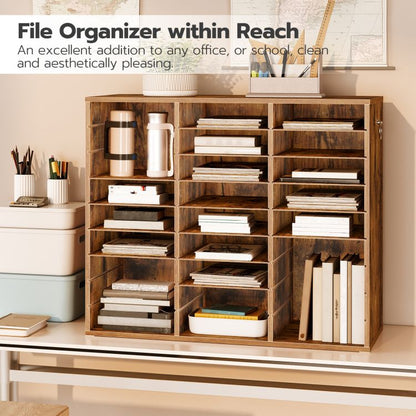 HOOBRO Filing Tray, 27-Compartment Wooden Literature Organizer, File Organizer for A4 Paper, Desk Organiser with Adjustable Shelves, File Sorter, for Office, Study, Library