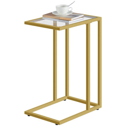 HOOBRO C Shaped End Table, Tempered Glass Gold Side Table, Under Sofa Table, Small Coffee Snack Table for Small Spaces, Laptop End Table for Living Room, Bedside Table, Metal Frame