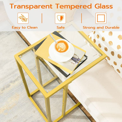 HOOBRO C Shaped End Table, Tempered Glass Gold Side Table, Under Sofa Table, Small Coffee Snack Table for Small Spaces, Laptop End Table for Living Room, Bedside Table, Metal Frame